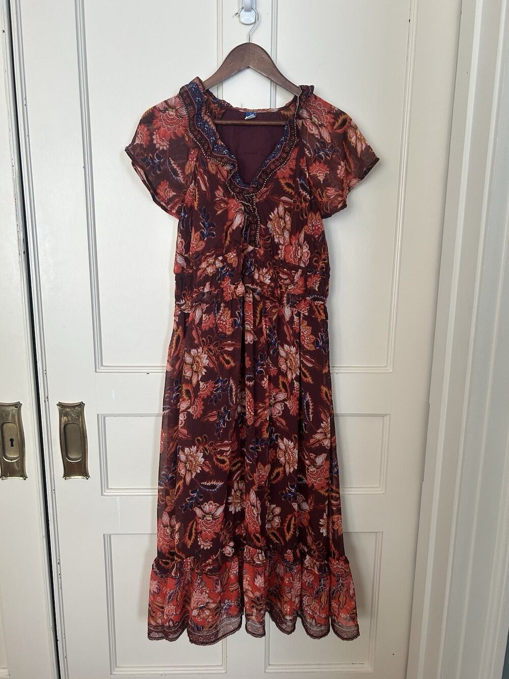 Old Navy Floral Maxi Ruffle Peasant Dress Womens Size Large Burgundy Cottagecore
